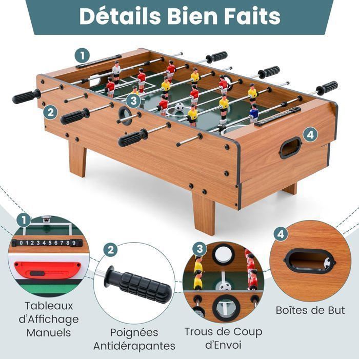 Mesa de futbolín COSTWAY 4 en 1 - Billar, ping-pong, hockey - Accesorios completos - Superficie de juego apilable - 81 x 43 cm - Hogar, bar - Natural