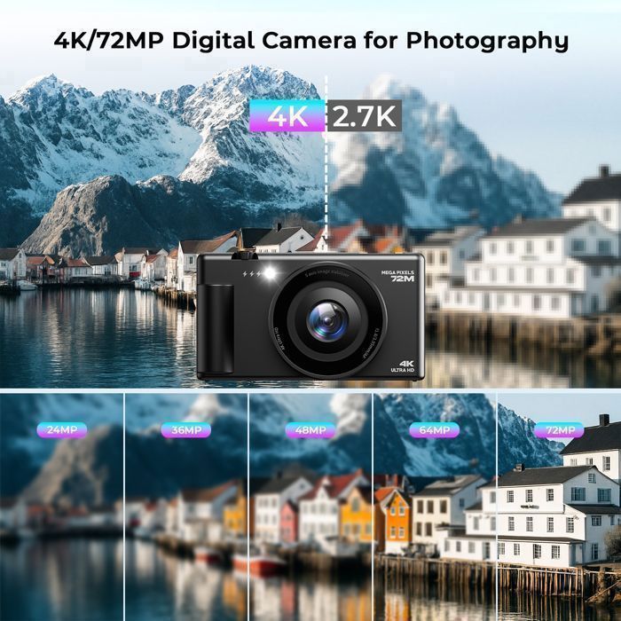 Cámara digital compacta JEEMAK 4K de 72 MP, cámara de vídeo con enfoque automático, pantalla giratoria de 2,8