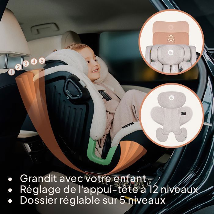 Seggiolino auto convertibile LIONELO Harmony iSize 40-150 cm - Girevole a 360° - ISOFIX - 60% bambù - Gruppo 0+/1/2/3 - Beige