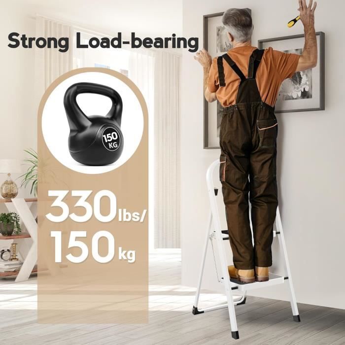 Taburete plegable de 2 peldaños, escalera metálica antideslizante, peldaños de 30 x 20 cm, capacidad de 150 kg, 46,5 x 55,5 x 81,5 cm, blanco