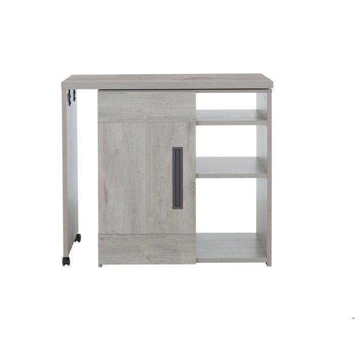 Barra giratoria con efecto de madera de roble gris claro, ruedas y estantes.