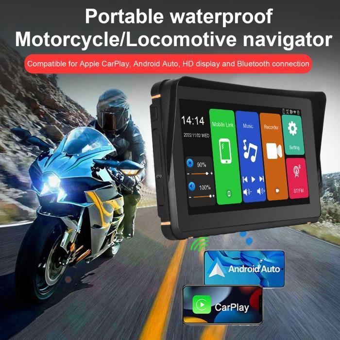 PRUMYA Sistema di navigazione GPS per auto e moto con touchscreen da 7 pollici, display dedicato per CarPlay, impermeabile IPX7, compatibile con Apple CarPlay e Android Auto wireless, batteria da 1200 mAh.