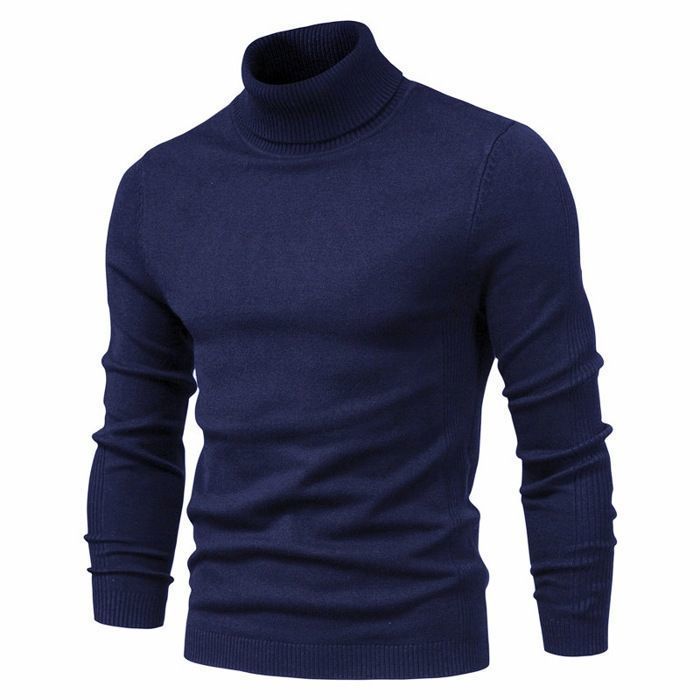 Jersey de cuello alto para hombre, invierno 2025 – Tejido fino y cálido, jersey liso de cuello alto, puños elásticos acanalados – Azul marino