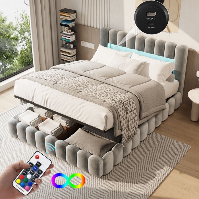 Cama con almacenamiento - PERGAR - 180 x 200 cm - Lino gris - Base de láminas incluida - Almacenamiento USB y LED