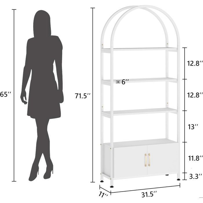 Contemporary white wooden bookcase - 4-tier shelf - with doors - storage unit