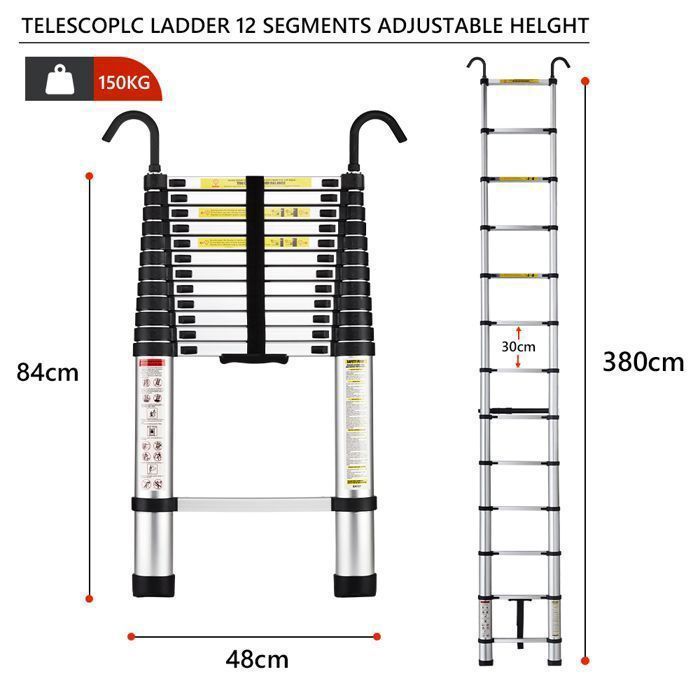 Escalera telescópica - STANOW - 3,8 m - Aluminio - Plegable - Reposabrazos extraíble - Capacidad de carga 150 kg