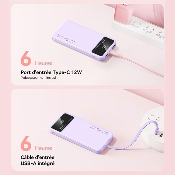 Purple 20000mAh External Battery - Slim Power Bank - 4 Integrated Cables, 6 Outputs, 3 Inputs - LED Display - Compact