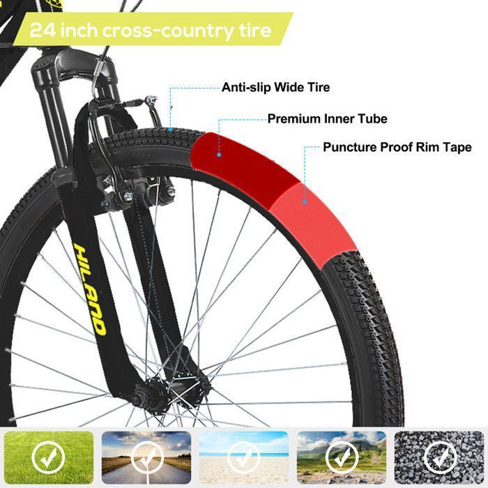Hiland Vélo enfant 24 pouces, dérailleur Shimano 7 vitesses, VTT unisexe, fourche suspendue, freins V-Brake - Noir