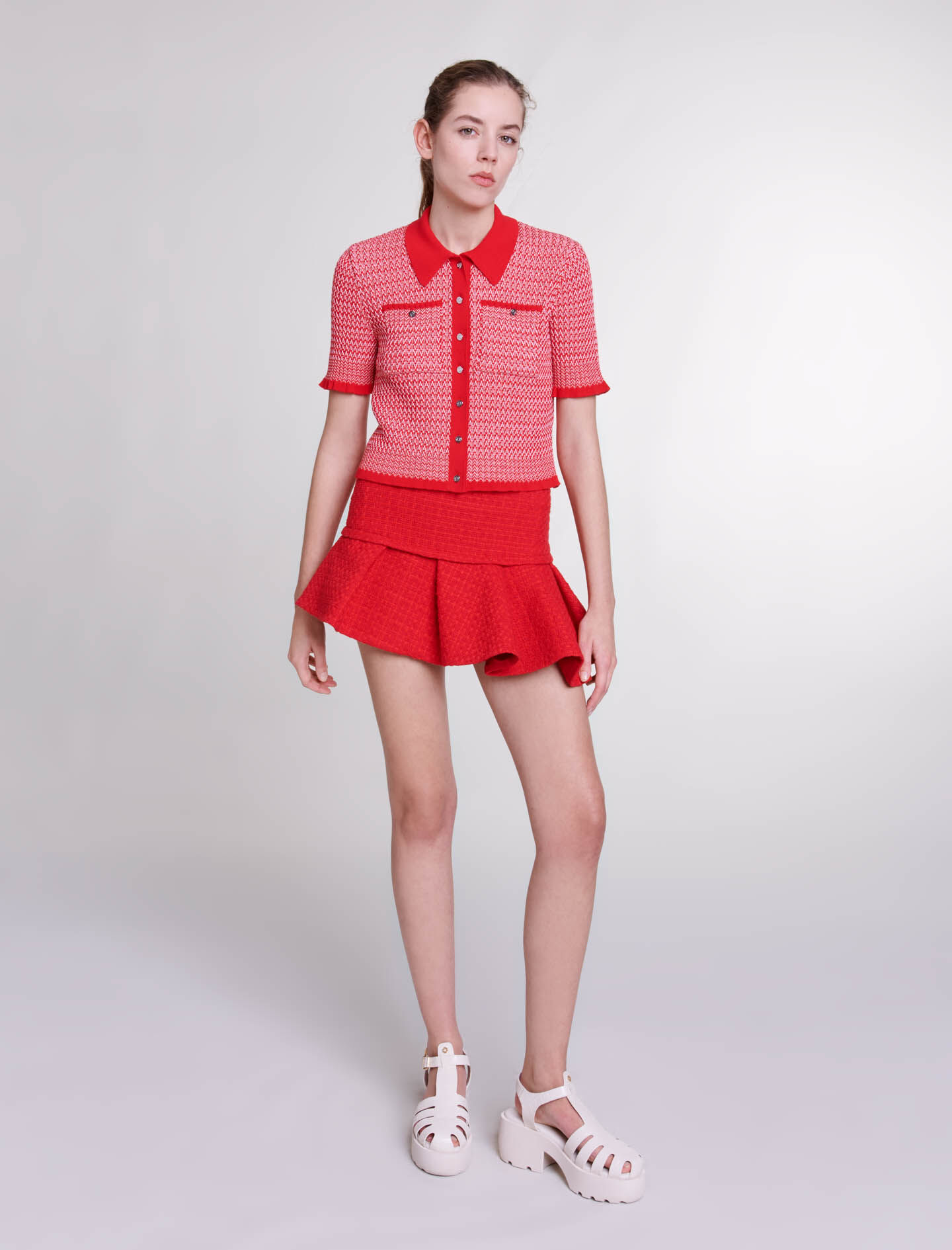 Fustă mini asimetrică din tweed - Roșu