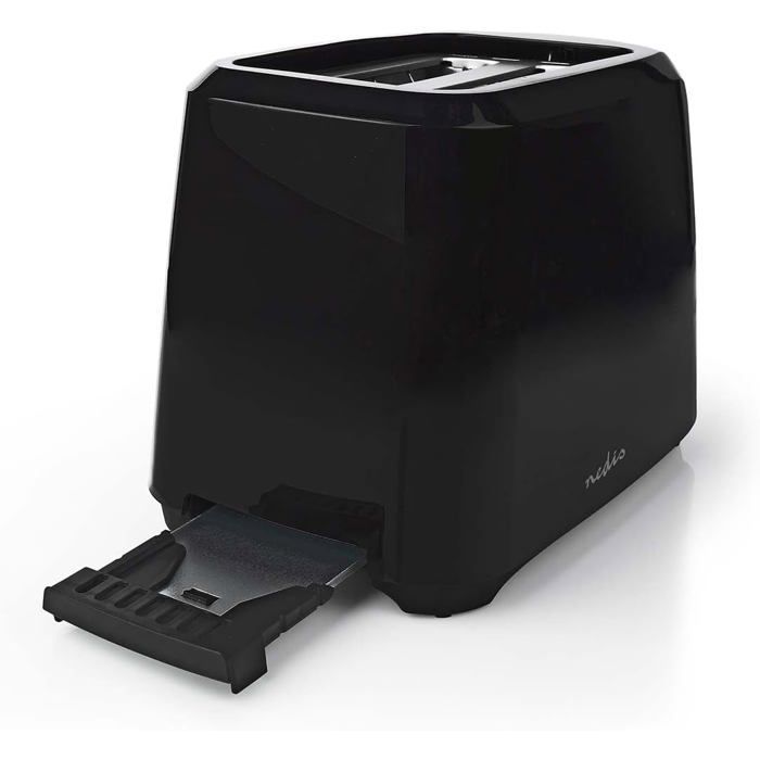 Tostapane compatto - TRAHOO - 2 fessure - 6 impostazioni di tostatura - Vassoio raccogli briciole - Nero - 35x26x17 cm - 700 Watt