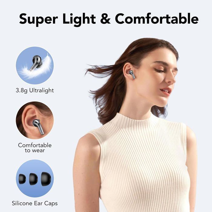 Draadloze Bluetooth-oordopjes, Bluetooth 5.3-hoofdtelefoon, 50 uur speeltijd, aanraakbediening, 4 ruisonderdrukkende microfoons, basversterking