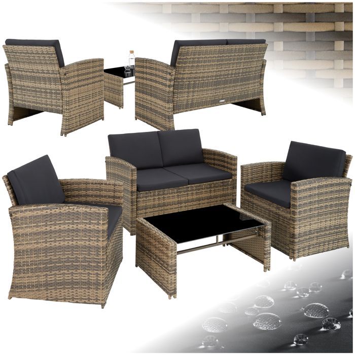 Muebles de jardín - TECTAKE - JESOLO Conjunto de salón de exterior con sofá y 2 sillones (4 plazas) con mesa - Marrón natural/Gris oscuro