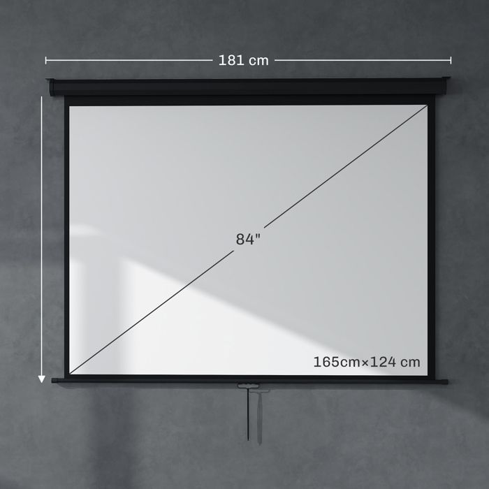 Pantalla de proyección HOMCOM de 84 pulgadas, formato 4:3, resolución 4K HD, para cine en casa, montaje en pared o techo, dimensiones: 181 cm (ancho) x 8 cm (profundidad) x 138 cm (alto), color negro.