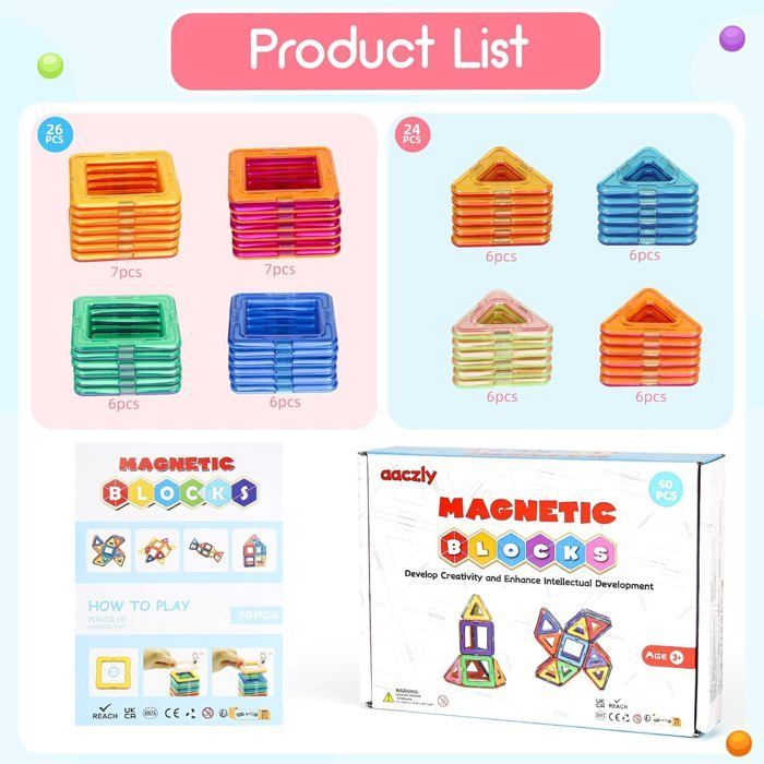 Construction Magnetique Enfant 50 Pièces Blocs de Construction Magnétiques Enfants Educatif Jeux Cadeaux pour Enfants à Partir de 3