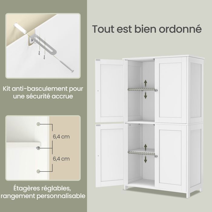 Armoire de Salle de bain avec 4 Portes, 60 x 30 x 108.5 cm, Meuble de Rangement,Placard de Cuisine,2 Étagères Réglables, Blanc