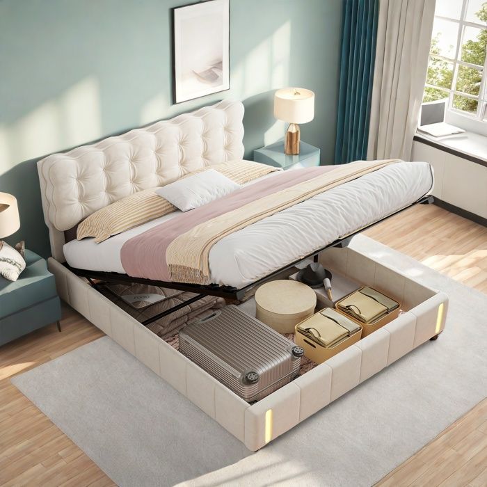 Lit coffre 140x200 cm, lit double LED avec tête de lit, capteur de lumière nocturne, sommier à lattes, lit adulte, velours, beige