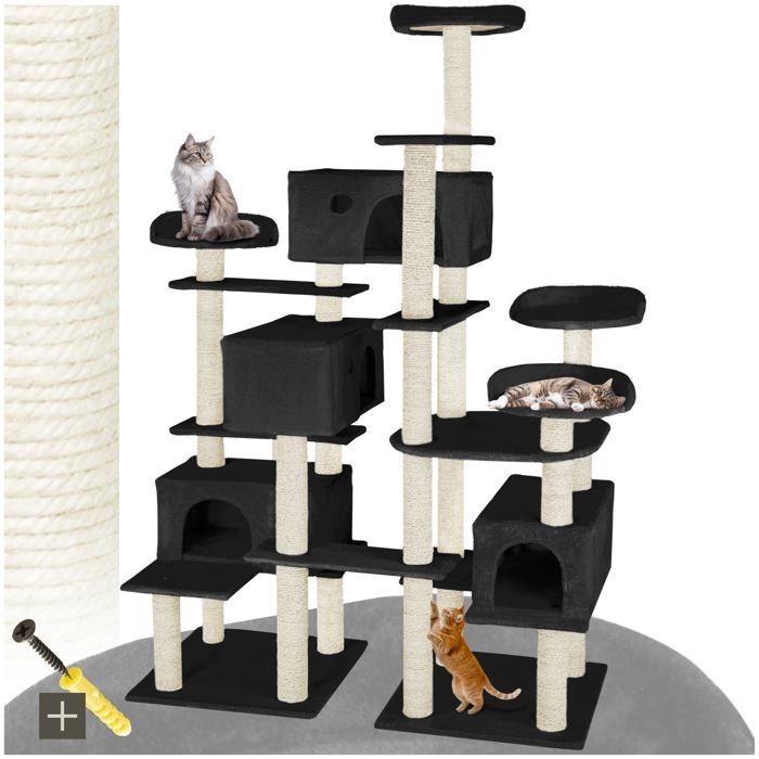 Árbol rascador para gatos - TECTAKE - ENTISSAR Mueble para gatos con poste rascador y 4 escondites 138 x 60 x 214 cm - Negro