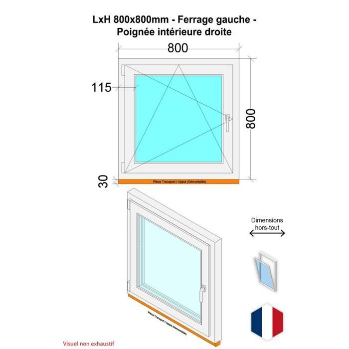 Ventana de PVC - Ancho x Alto 800 x 800 mm - Triple acristalamiento - Color blanco - Manilla derecha