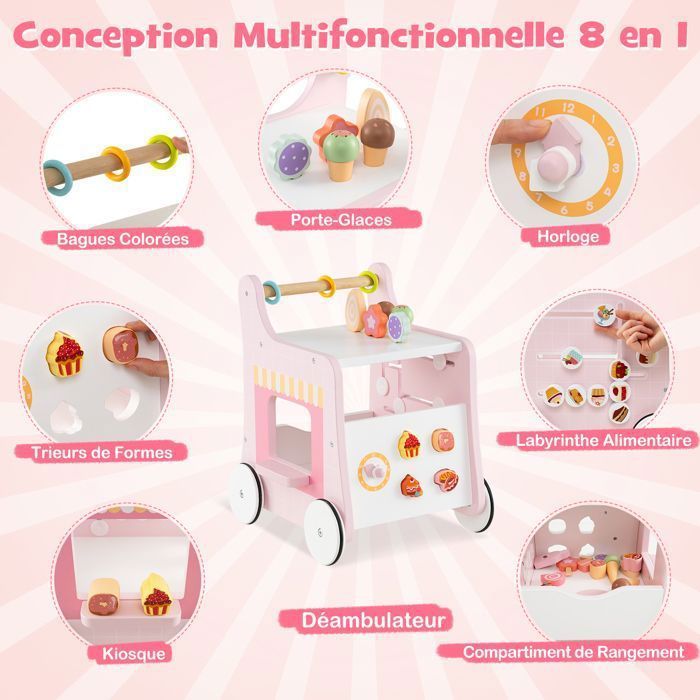DREAMADE Lauflernwagen aus Holz für Kinder ab 1 Jahr, multifunktionaler Eiswagen mit Zubehör und leichtgängigen Rädern, Rosa