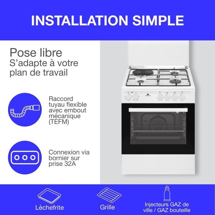 Cucina mista CONTINENTAL EDISON CECM60FCW - 3 bruciatori a gas + 1 bruciatore elettrico - L59,8 x P61 x H83 cm - Bianca