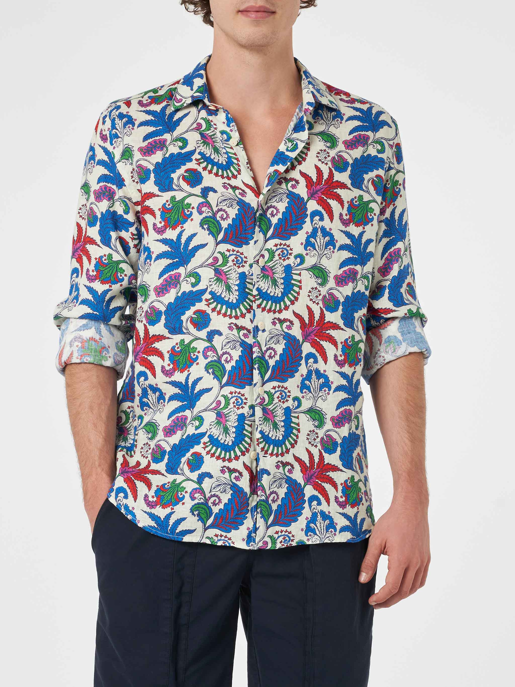 Marineblauwe linnen herenoverhemd van Pamplona met bloemenprint