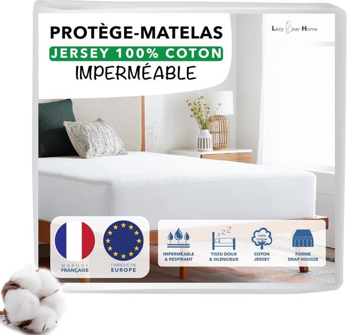Lazy Bear Home | Mattress Protector 180x200cm, Waterproof Mattress Protector with Cotton Jersey Surface, Fitted Sheet Style | French Brand, Made in the EU