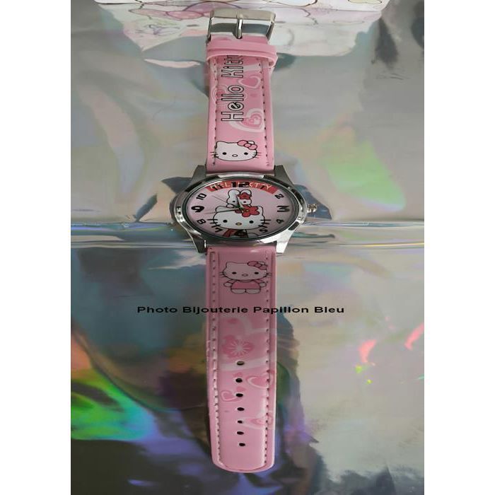 Reloj infantil - Diseño - Hello Kitty - Piel - Rosa - Esfera - Acero - Gris - Cuarzo - Números arábigos