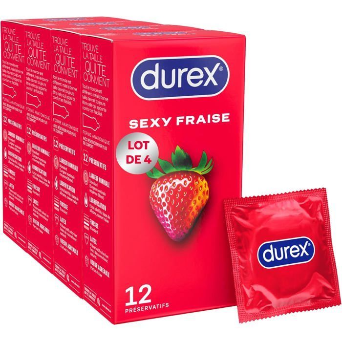 Durex - Lot de 48 Préservatifs Sexy Fraise - Extra Lubrifié Saveur Fraise