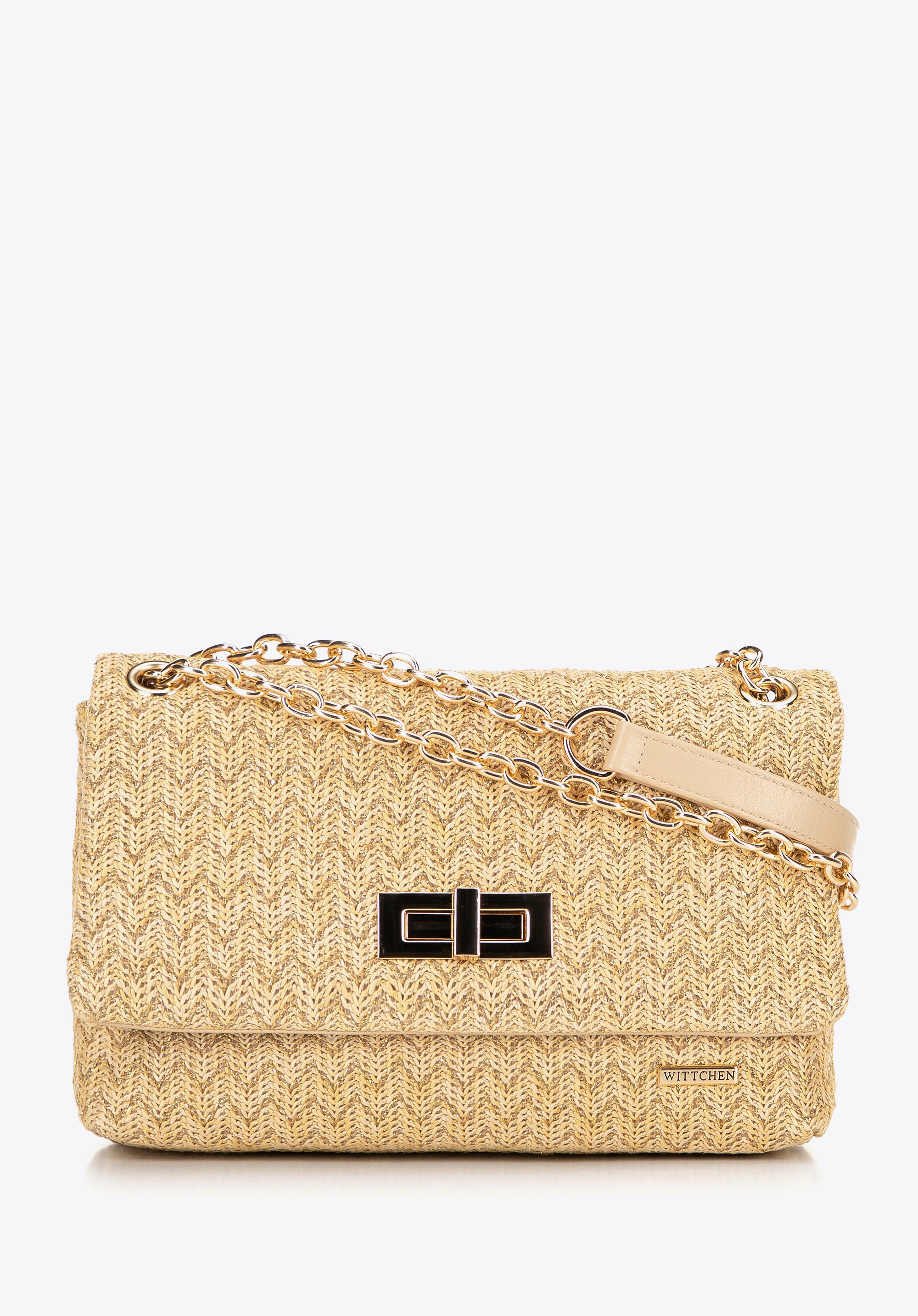 Damska crossbody z plecionki na łańcuszku beżowo - złota