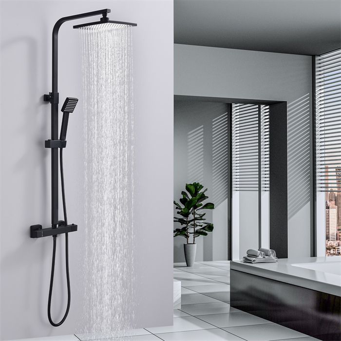 Thermostatic Shower Column, Shower Set, Brass Body, Adjustable Height, Black Shower System