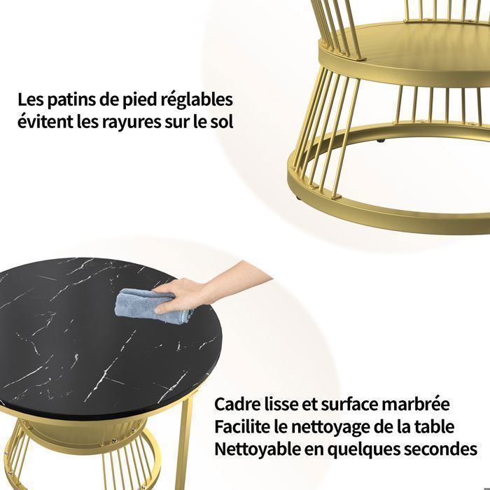 Set di 2 tavolini impilabili, piano in marmo e gambe in metallo – P70/45 x H45/40 cm – nero