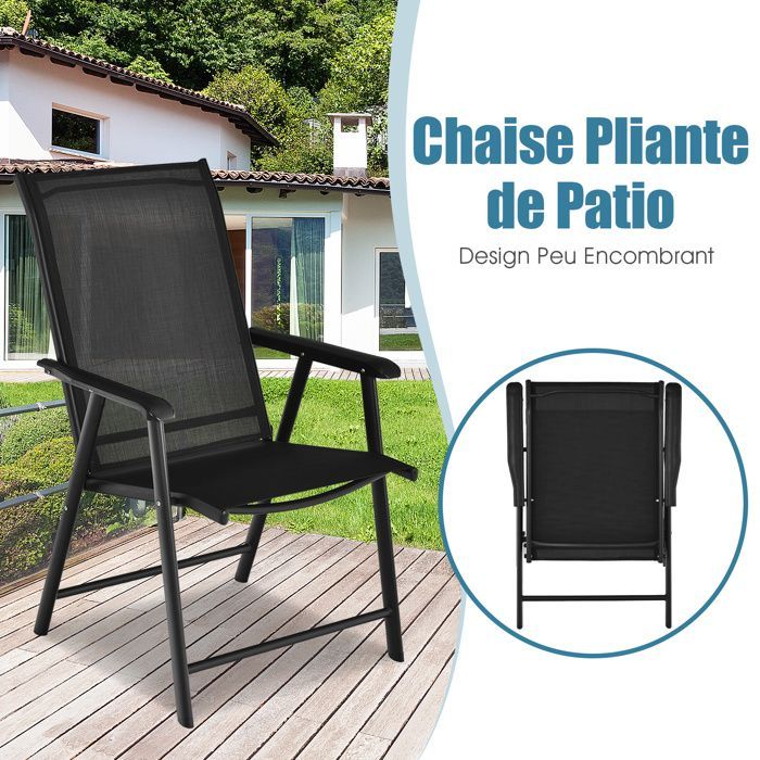 Juego de 2 sillas plegables de jardín para exteriores COSTWAY, con cierre de seguridad, estructura metálica y capacidad de carga de 150 kg, ideales para patio o playa. Color negro.