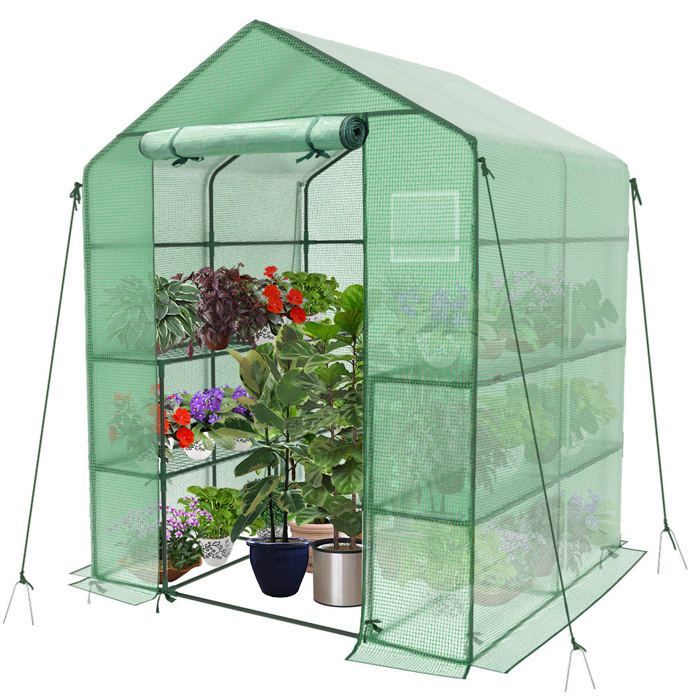 VOUNOT® Serre de jardin avec étagères 143x143x195cm vert - bâche renforcée 135g/m² - fenêtre moustiquaire - porte enroulable zippée