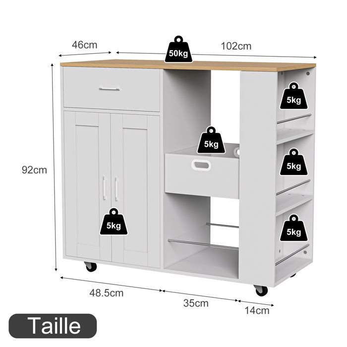 Carrito de cocina con ruedas - 102x46x92 cm - 2 puertas - 1 cajón - Blanco