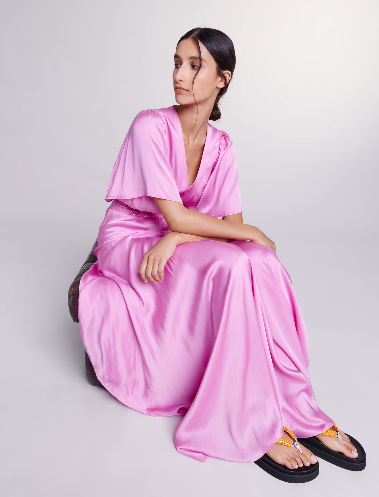Rochie lungă din satin - Roz