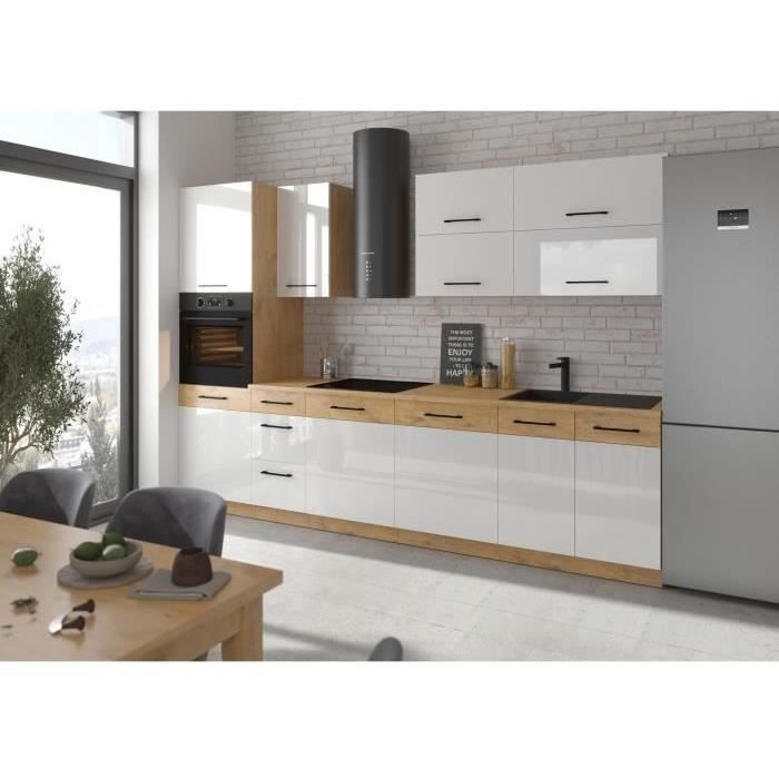 ROCK - Cocina completa - Roble Lancelot y melamina blanca brillante - 300 cm - Encimera no incluida