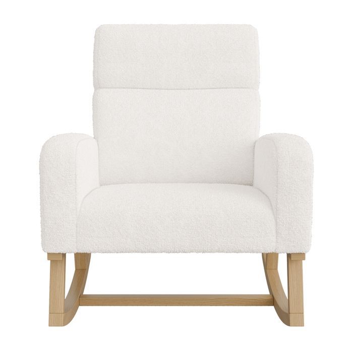 Sedia a dondolo - Bianca - Tessuto Sherpa - Gambe in legno massello - Stile scandinavo