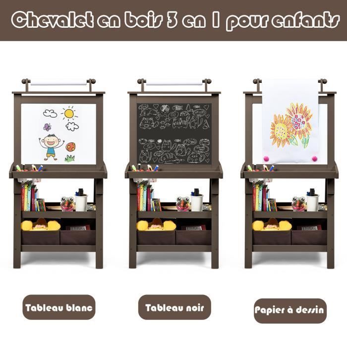 COSTWAY Tableau Enfant - Blanc Magnétique et Noir, Rouleau de Papier (Papier inclus), 3 Etagères et 2 Bac de Rangement Marron