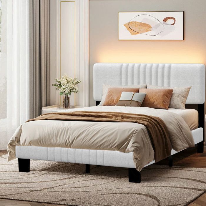 Estructura de cama de 140x190 cm, cabecero regulable en altura, estructura metálica con somier de láminas, tejido de lino, colchón no incluido.
