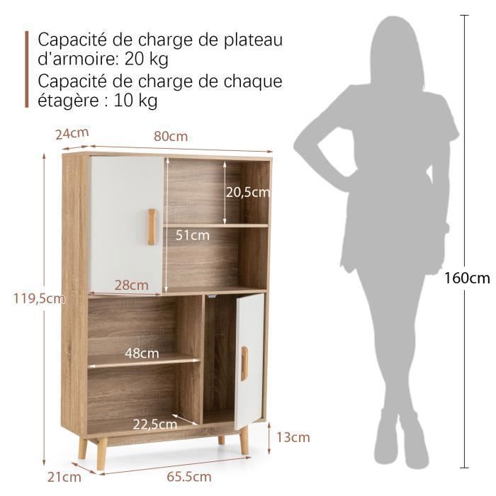 Librería COSTWAY de 4 niveles, 80 x 24 x 120 cm, mueble de almacenamiento con puertas, estantes y dispositivo antivuelco, color blanco.