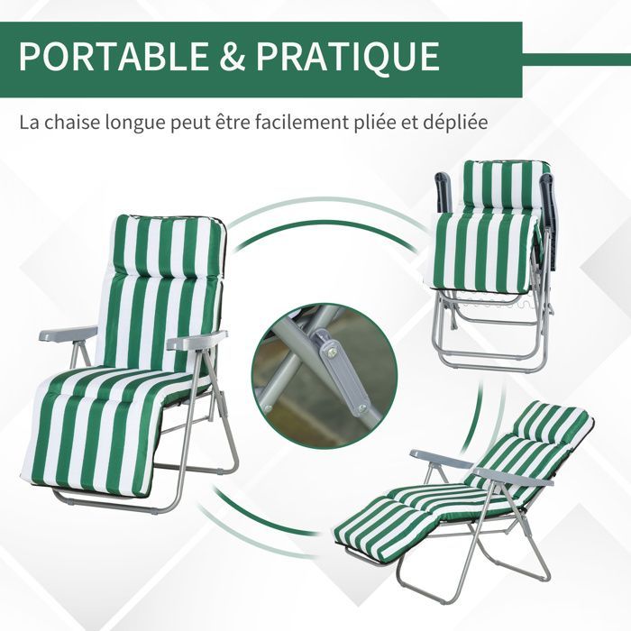 Set of 2 sun loungers - Outsunny - sunbed - adjustable folding deckchair - garden bed - steel - green + white