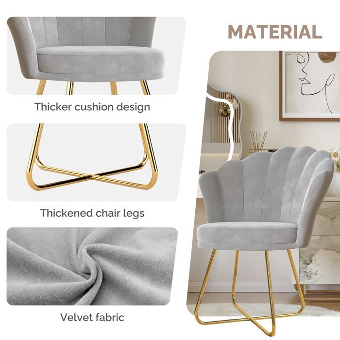 Poltrona de veludo elegante, com design refinado e pés cruzados dourados, ideal para quarto e penteadeira, na cor cinza.