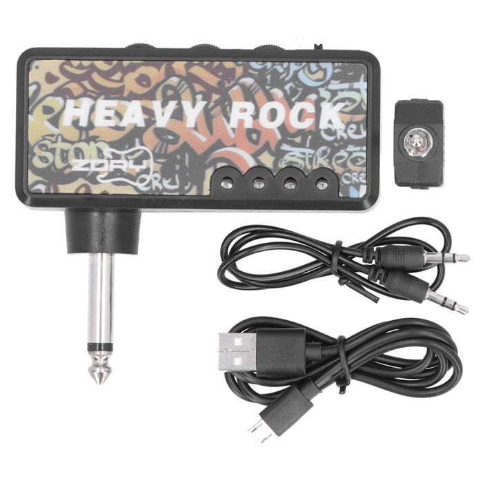 Amplificador de auriculares para bajos para guitarra eléctrica, con adaptador de cable de audio y accesorios de carga USB.