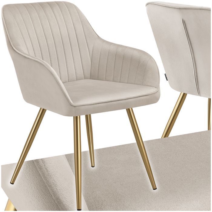 Stoel - TECTAKE - MARYLIN eetkamerstoel met fluweel en gewatteerde look en gouden stalen poten - Taupe/Goud