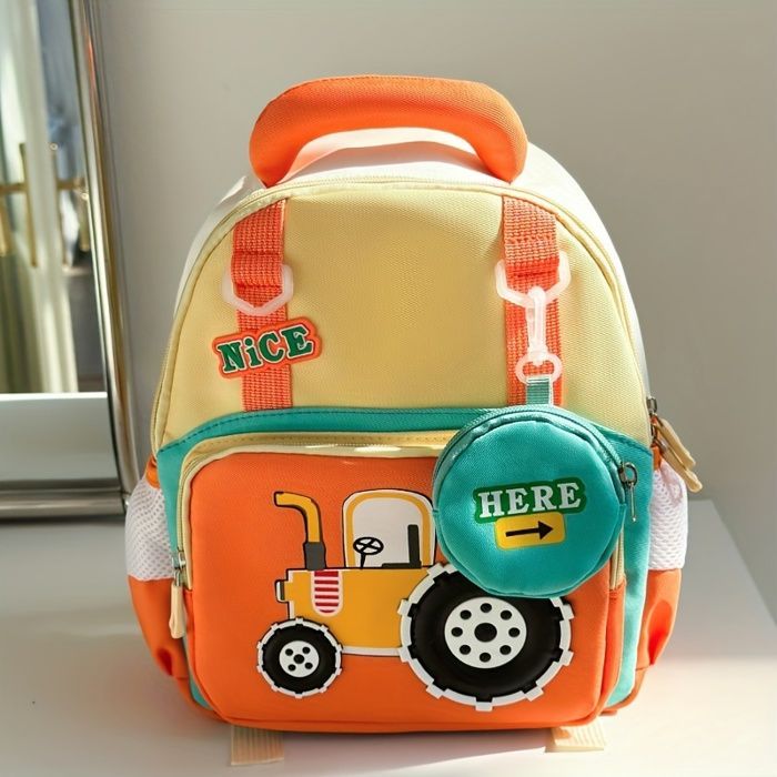 Children's cartoon design schoolbag - Green and Orange - Cute - Preschool to Grades 2-6 - Easy to clean - Foldable