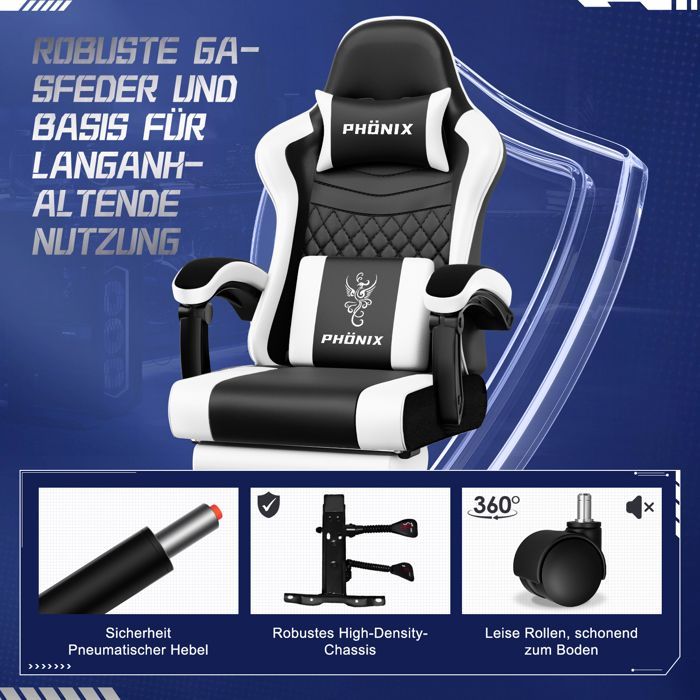 Chaise gaming, chaise de jeu ergonomique, accoudoirs réglables, repose-tête, repose-pieds, dossier, Noir/Blanc，jusqu'à 150Kg Light