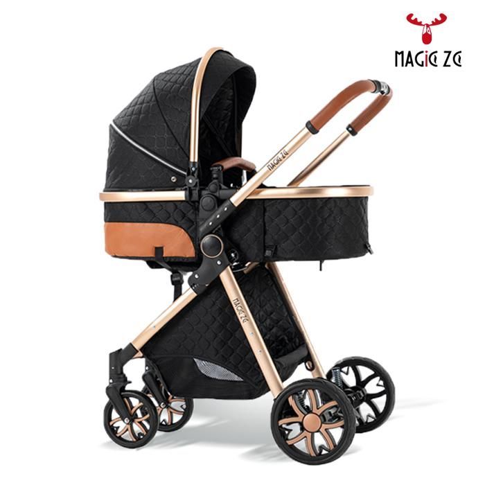 Carrinho de Bebê 3 em 1 MagicZC para Recém-Nascidos, Dobrável e Reclinável, com Bebê Conforto, Brinde Surpresa, 0-3 Anos, Preto e Dourado