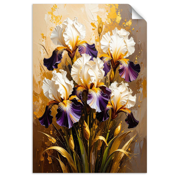 Plakat samoprzylepny do salonu Feeby Irysy Kwiaty na beżowym tle 20x30