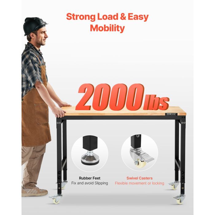 Banco de trabajo VEVOR, taller, garaje, mesa de trabajo rodante regulable en altura - Capacidad de carga de 907,2 kg - con toma de corriente