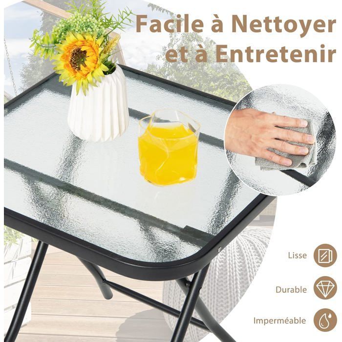 COSTWAY Folding Bistro Garden Table 46.5x46.5x42 cm in Glass and Steel for Indoor Outdoor Patio Balcony Load 25kg Black